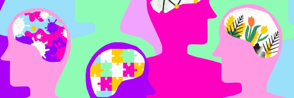 Colorful abstract brains in silhouette heads.