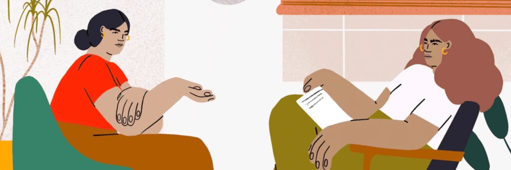 Illustration of two people having a conversation.